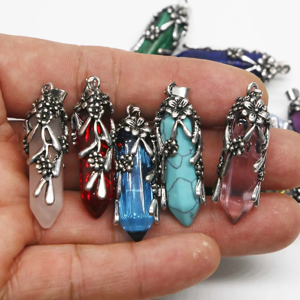 Natural Stone Double Pointed Hexagon Pillar Stainless Steel Flower Necklace Pendants Fashion Jewelry Accessories Wholesale 12Pcs