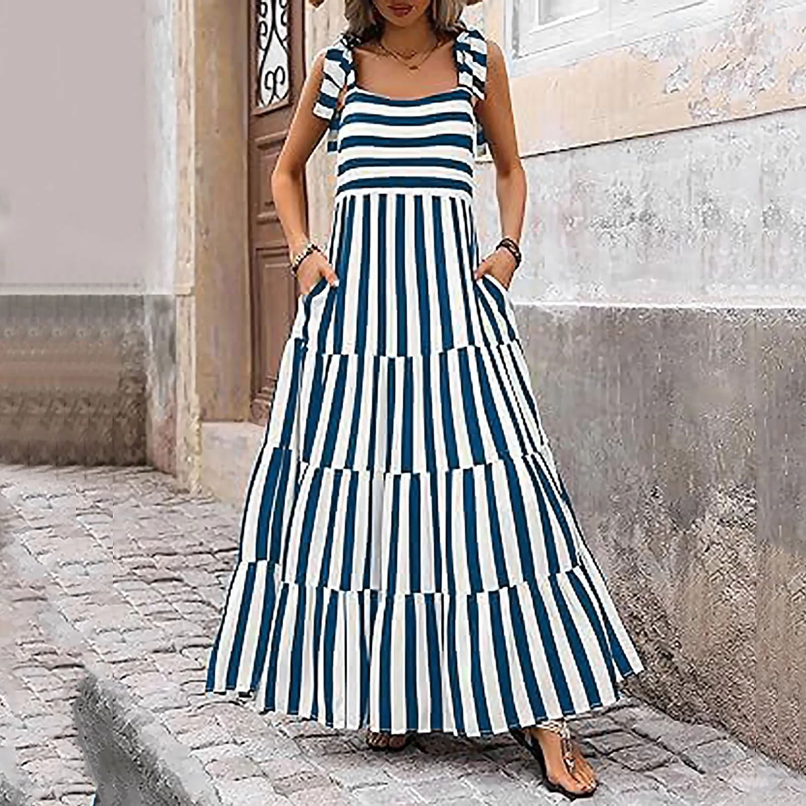 

Женское пляжное платье-макси с открытой спиной, длинное платье в богемном стиле на бретельках с принтом и цветочным принтом, Повседневное платье без рукавов, лето 2024