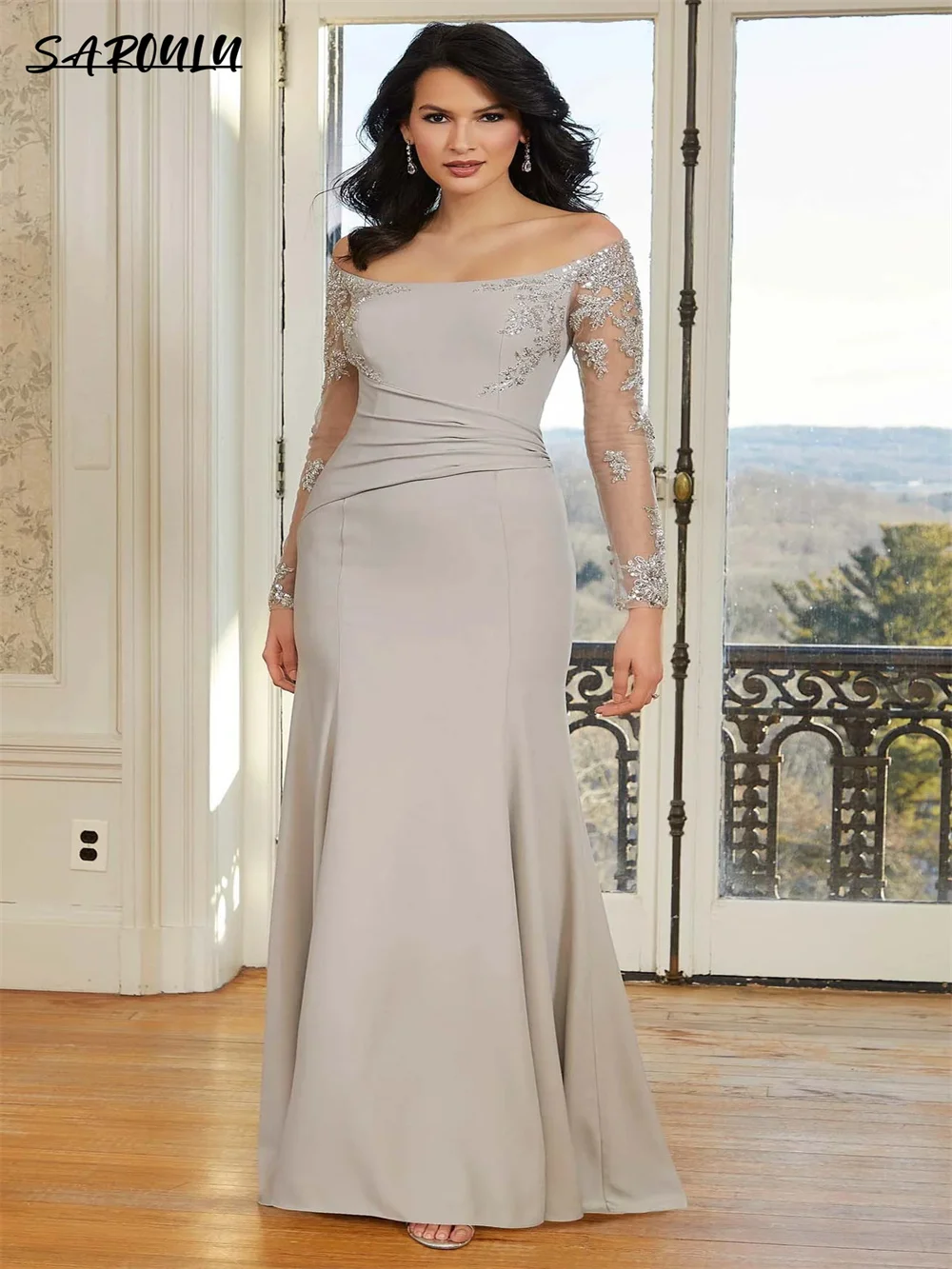 

Elegant Boat Neck Sheath Evening Dress Romantic Appliques Off The Shoulder Cocktail Party Gown Graceful Vestidos De Novia