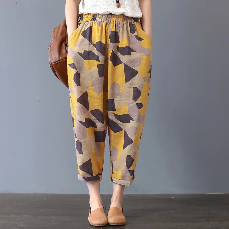 Thin Style Breathable Summer Women Literature Vintage Fashion Loose Pure Cotton Printing Large Size Casual Office Lady Trousers