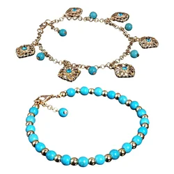 2pcs Bohemia Rhinestone Flower Beads Turquoise Foot Chain Anklet Bracelet