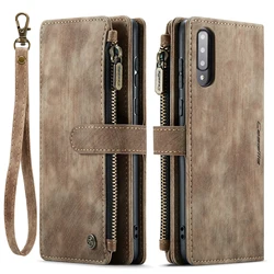 High-End Retro Genuine Leather Multi-Card Slot Zipper Wallet Mobile Phone Case for Samsung A50 A50S (Light brown)