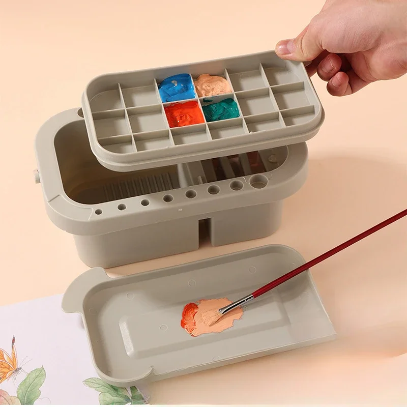 

Three in One Multifunctional Portable Plastic Pen Washing Cylinder 18 Grid Acrylic Oil Painting Pigment Box Painting Palette