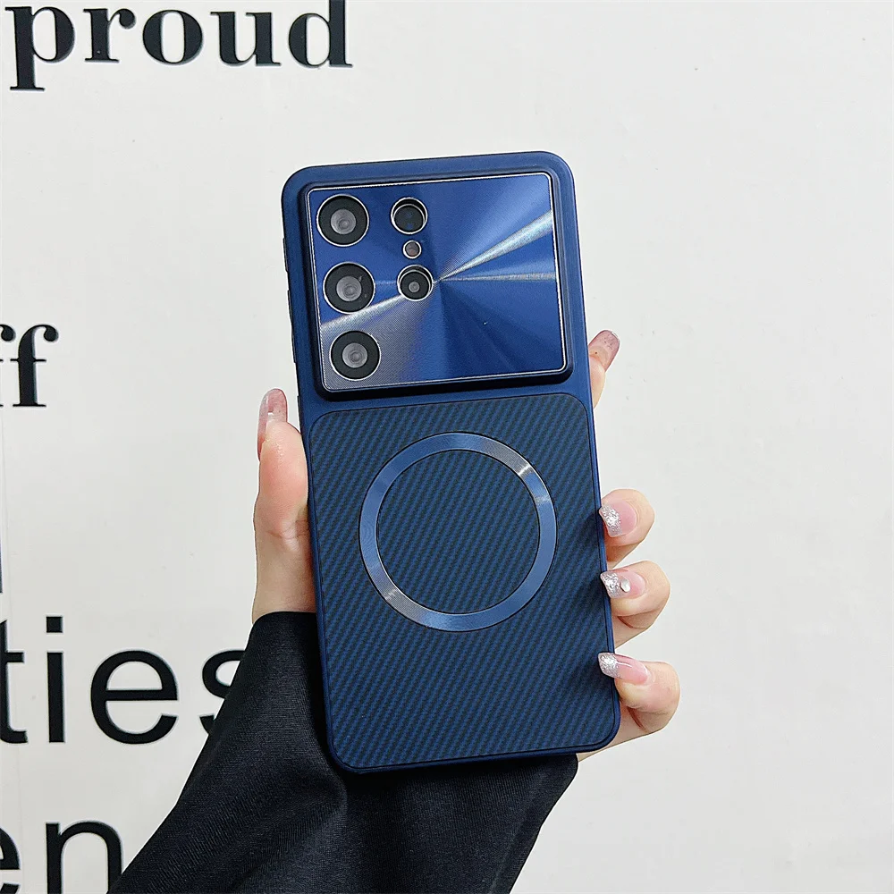 Deluxe Carbon Fiber Magnetic Phone Case with Aurora Lens and Camera Protection - Shockproof Design