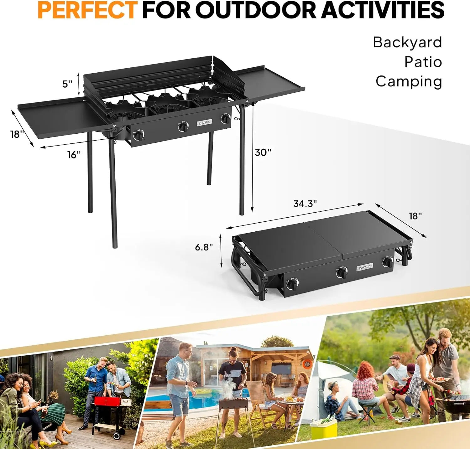 3 Burner Gas Stove with 2 Side Shelves, 225,000BTU Portable Propane Stove with Removable Leg, Wind Panel, Regulator for Camping 6