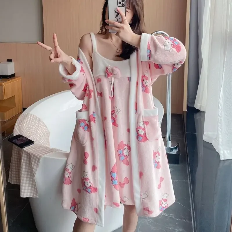 

2-Piece Sanrio Nightgown Melody Coral Fleece Long Flannel Bathrobe Bathrobe Women's Pajamas Sleep Wear Night Women Sleep Wear