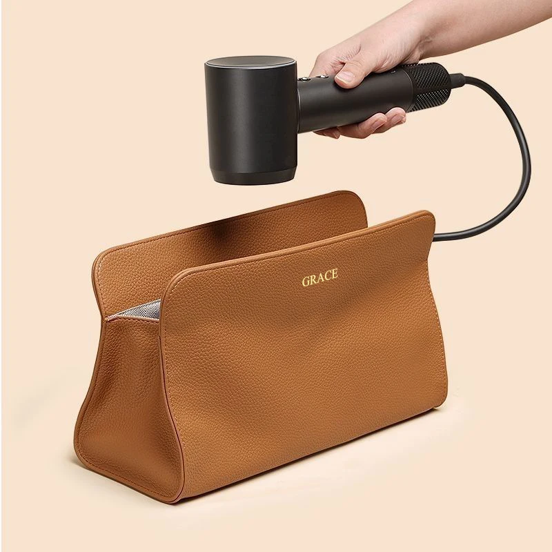 Custom Name Soft PU Leather Hair Dryer Storage Bag Personalized Travel Large Capacity Curling Iron Bag Woman Luxury Cosmetic Bag 4