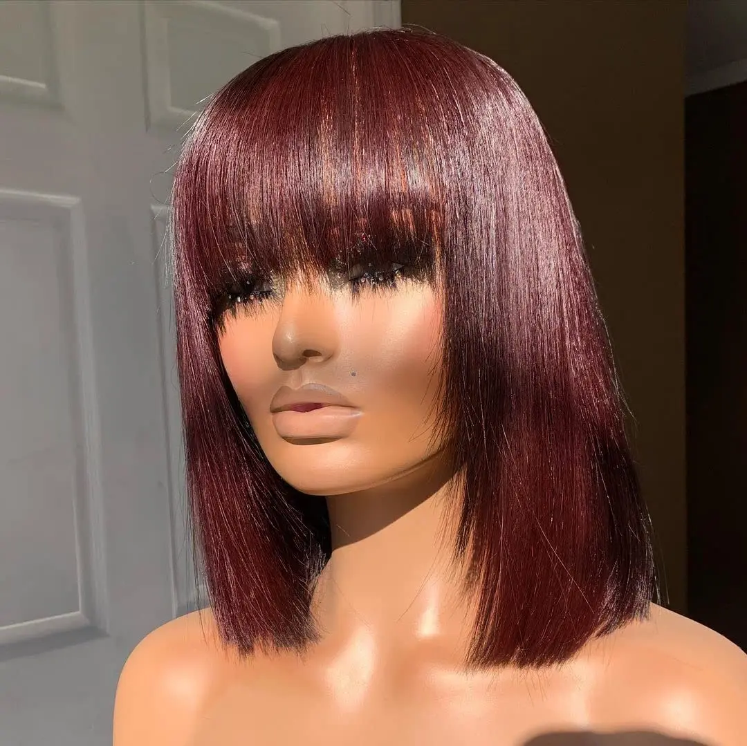 

99J Short Straight Bob Wigs With Bangs Burgundy Red Colored Glueless Bob Wig Brazilian Virgin Human Hair Wigs For Black Women