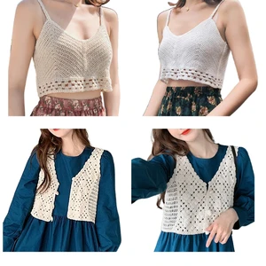 Women Boho Crochet Sleeveless Crop Top Vest V-Neck Buttons Hollow Knitted Camisole Waistcoat Beach Mini Sweater Cardigan