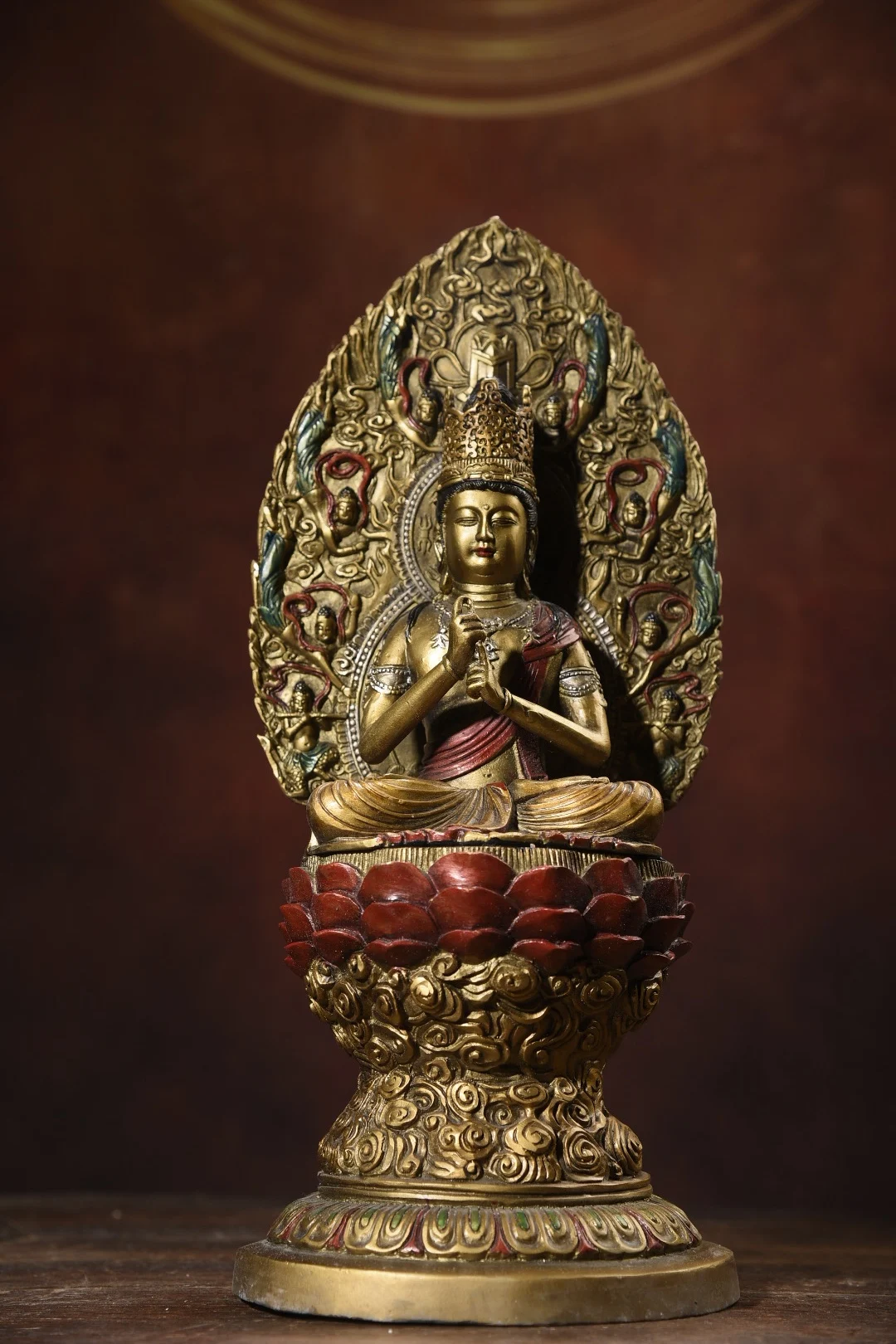 

15"Tibet Temple Collection Old Bronze Painted Piluchana Buddha Bodhisattva Akashagarbha Backlit Buddha Platform Worship Hall
