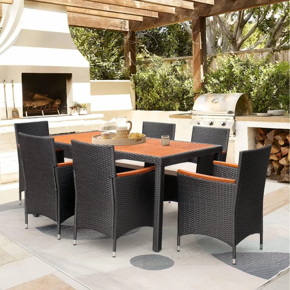 

7 Piece Patio Dining Set Outdoor Acacia Wood Table and Chairs with Soft Cushions Wicker Patio Furniture