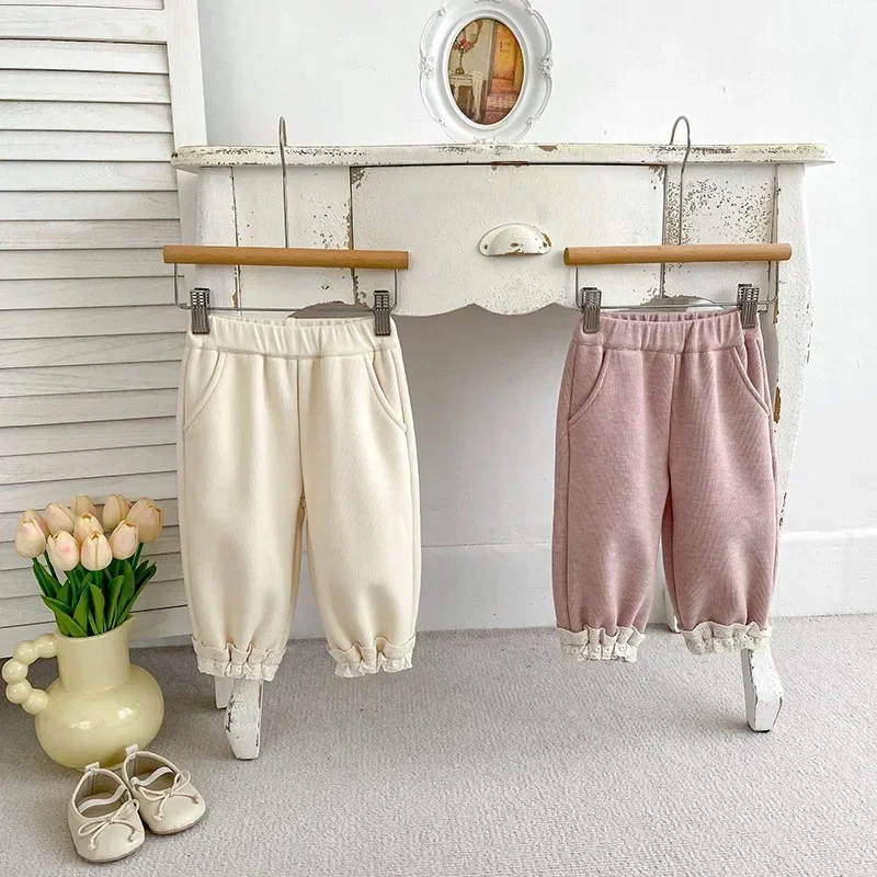 2024 Autumn Baby Children's Casual Pants 0-4 Y Infant Girls Fleece Lining Lace Pants Toddler Outwear Trousers