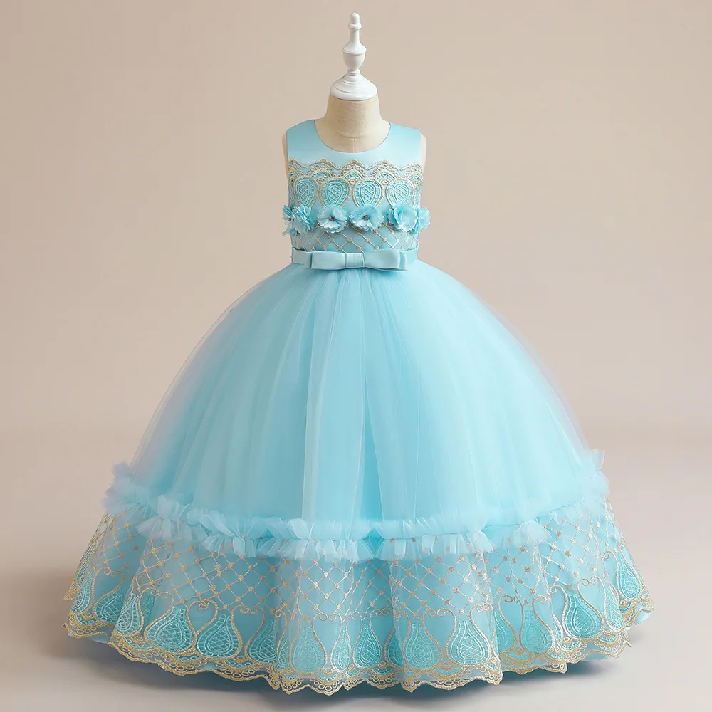

Princess Sky Blue Embroidery Wedding Fluffy Gown For Birthday Party Children Elegant First Communion Dresses for 4-14Y