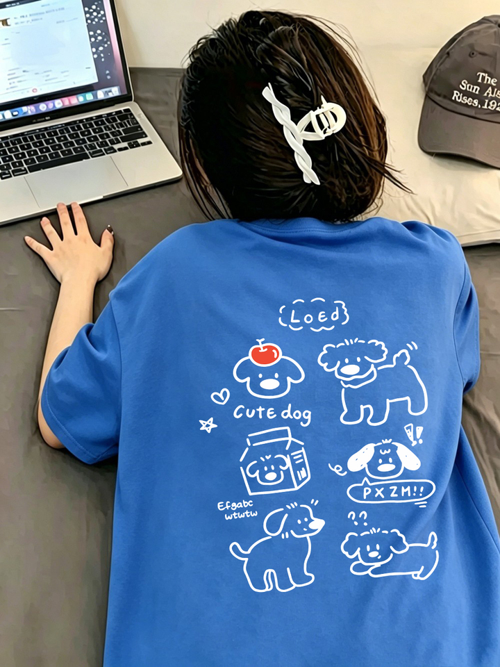 100% Cotton Womens T-Shirts Summer Korean Cartoon Cute Dog Printing T Shirt Comfortable Soft O-Neck Tops Casual Womans Clothes