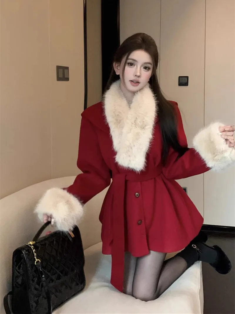 

Elegant Women Woolen Coat Long Sleeve Korean Fashion Vintage Jackets Slim Solid Fairycore 2023 New Autumn Winter Coats