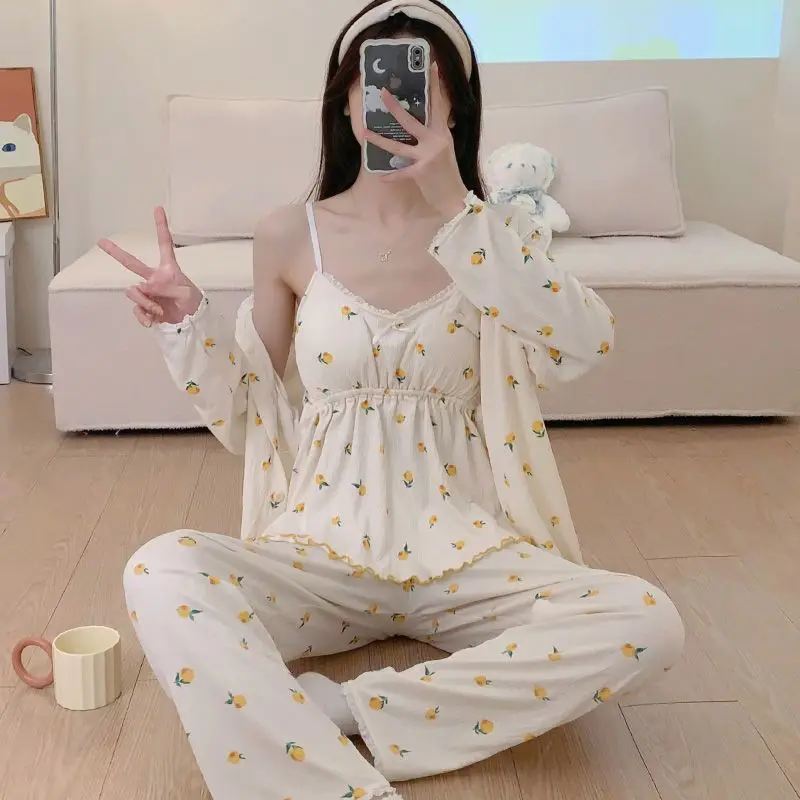 Female Pajamas Spring Autumn Sweet Cute Girl Pajamas Suit Women Loose Long Sleeve Homewear Three-Piece Set with Chest Pad 2024