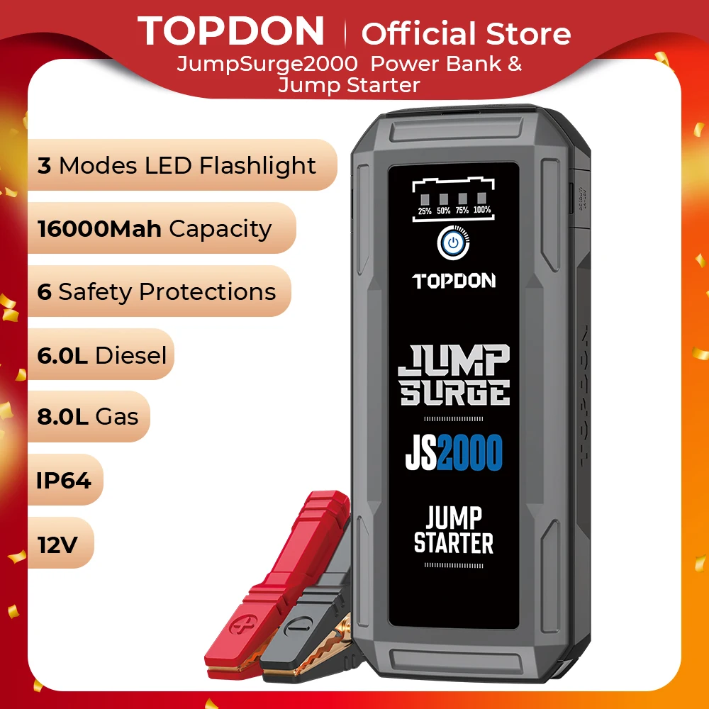 Topdon 2000A Portable Car Jump Starter Power Bank