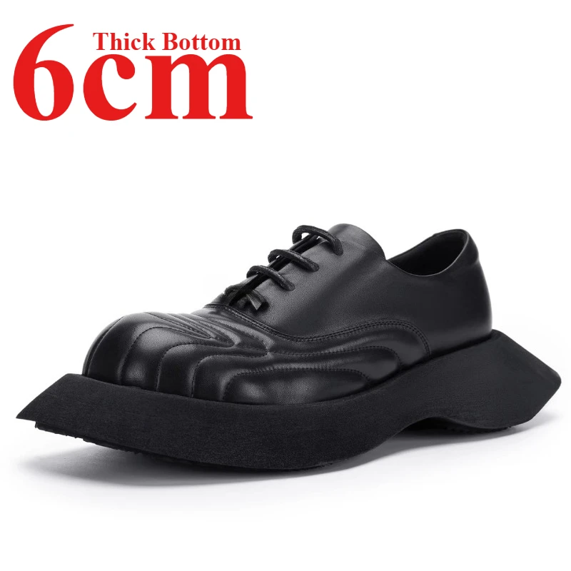 Irregular Sole Design Casual Derby Shoes for Men's 6cm Thick Bottom Genuine Leather Handmade Fashion Height Increasing Shoes Man