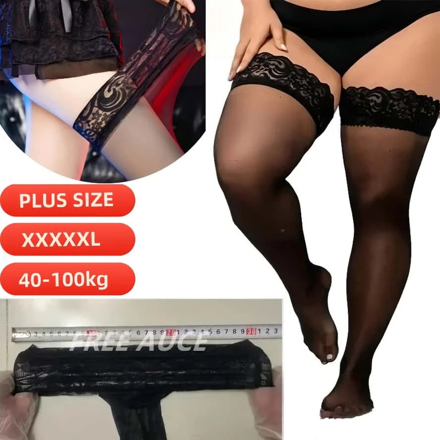 FREEAUCE Women Large Plus Size Lace Stockings Anti-slip XXXL Oversized Thigh High Sheer Fishnets Black Long Over Knee Socks