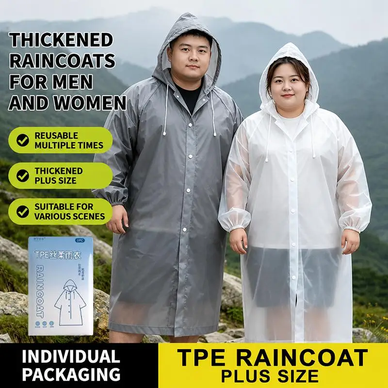 두꺼운 TPE 소재의 대형 재사용 가능 방수 레인코트 (후드 포함) 남녀공용, 하이킹, 캠핑, 야외 활동에 적합