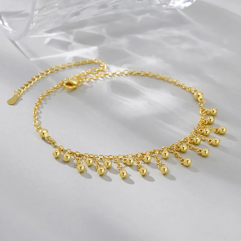925 Sterling Silver Round Bead Tassel Ankle Chain Gold Fashionable Temperament Ankle Chain Holiday Gift Jewelry
