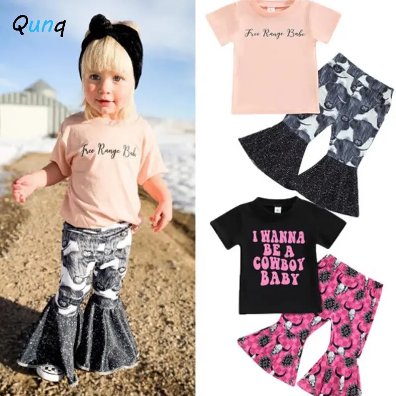 

Qunq Spring Summer New Girls Print Short Sleeve Pullover Top + Spliced Flared Pants 2 Pieces Set Casual Kids Clothes Age 3T-8T