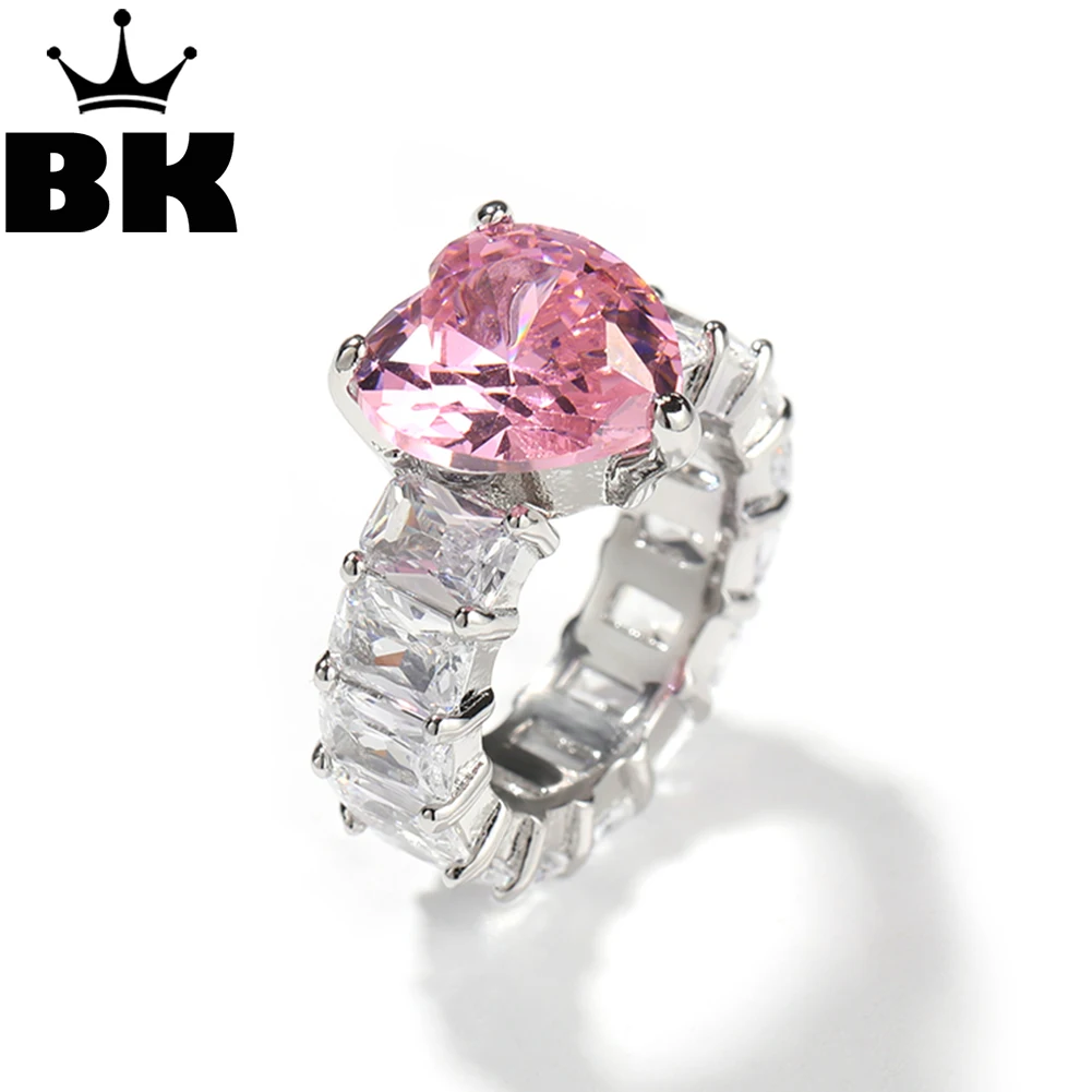 

THE BLING KING 7mm BaguetteCZ Pink Heart Ring For Women Iced Out 5A Cubic Zirconia Luxury Romantic Wedding Bridal Jewelry Gift