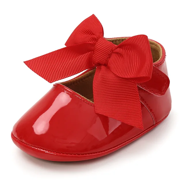 Newborn Baby Shoes Baby Boy Girl Shoes Girl Classic Bowknot Rubber Sole Anti-slip PU Dress Shoes First Walker Toddler Crib Shoes Red