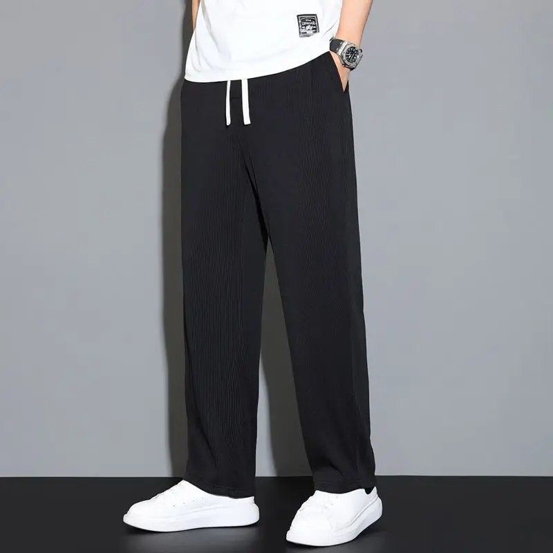 Summer New Sagging Ice Silk Loose Wide Leg Pants Men\'s Solid Thin Elastic Waist Drawstring Straight Quick Drying Casual Trousers