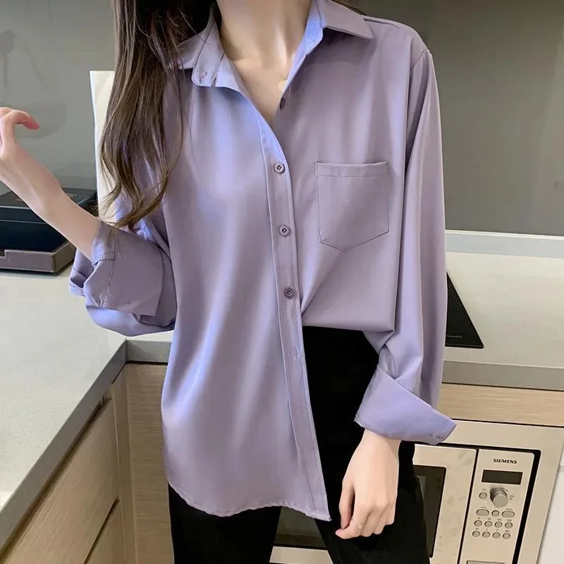 Women Spring Autumn Style Blouses Shirts Lady Casual Long Sleeve Turn-down Collar Solid Color Blusas Tops
