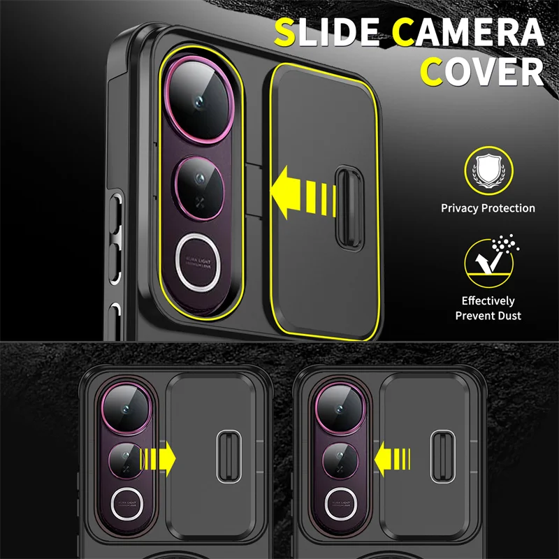 Enhanced Armor Slide Camera Lens Protection Case with Ring Holder and Shockproof Back Cover