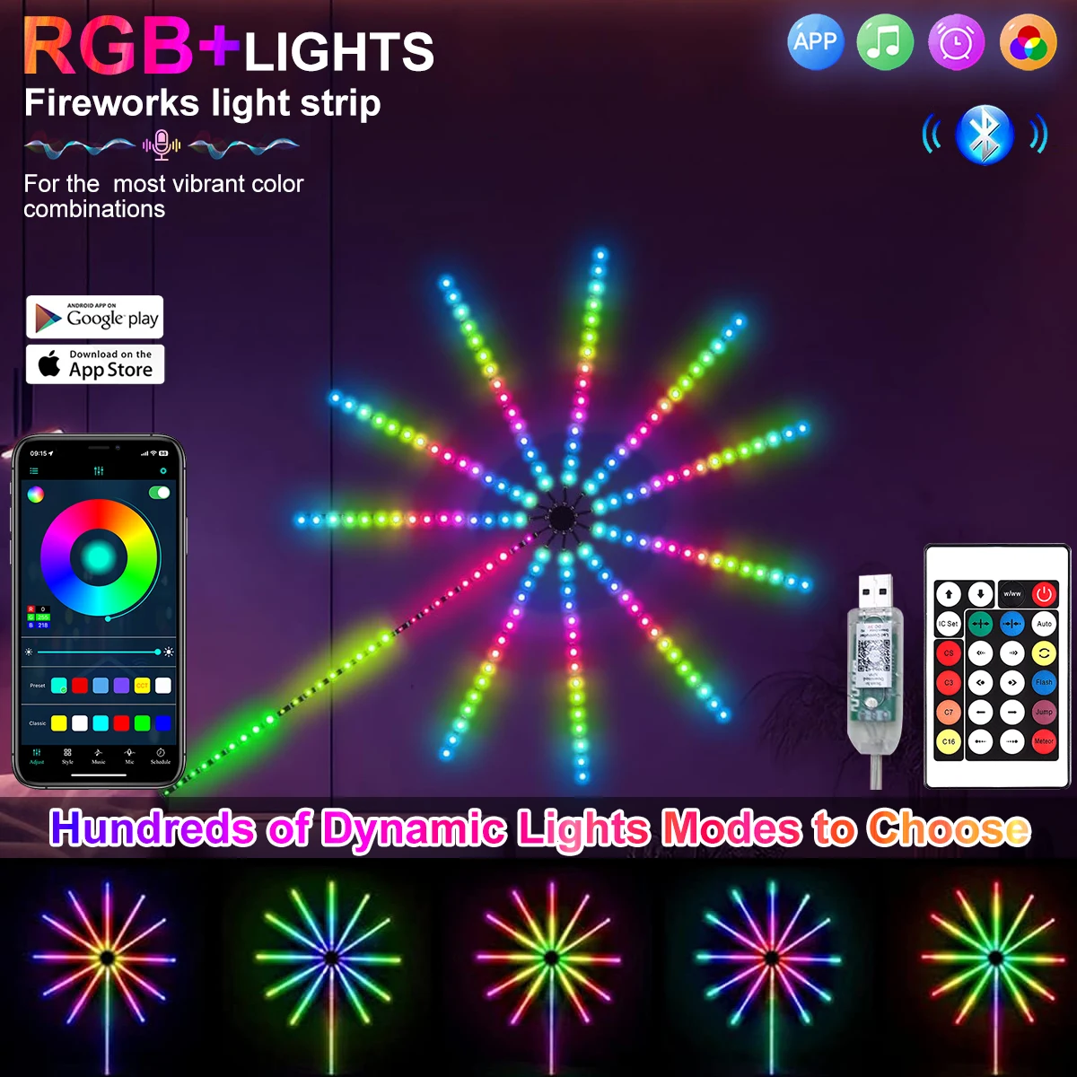 Bande LED Feux D'Artifice RGBIC - Contrôle Bluetooth, App Et Télécommande, Synchronisation Musique, Pour Décorations Noël Et Fêtes