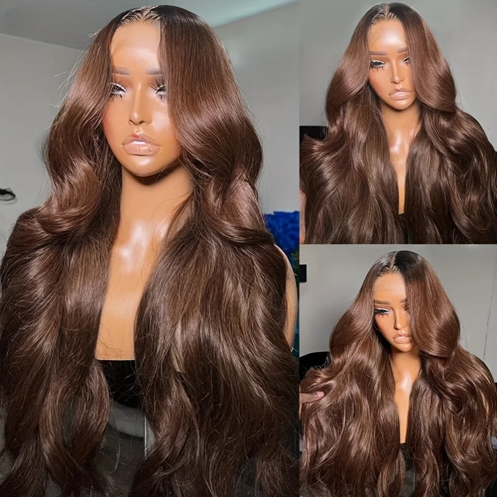 200% #4 Body Wave Human Hair Wig Chocolate Brown Wavy HD Lace Frontal Wig 13x4 Pre Plucked Body Wave Lace Front Wig Natural 3