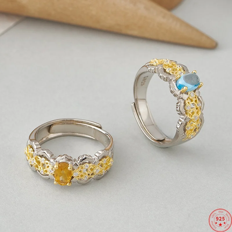 

S925 Sterling Silver Charms Rings for Women New Fashion Contrast Colored Hollow Flowers Topaz Yellow Crystal Free Shipping