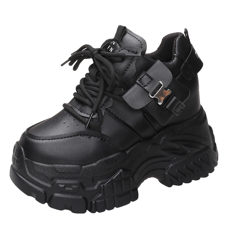 9.5CM Women Casual Leather Sneakers New 2023 Autumn Winter Lace up High Platform Shoes Thick Sole Sports Walking Dad Shoes Woman