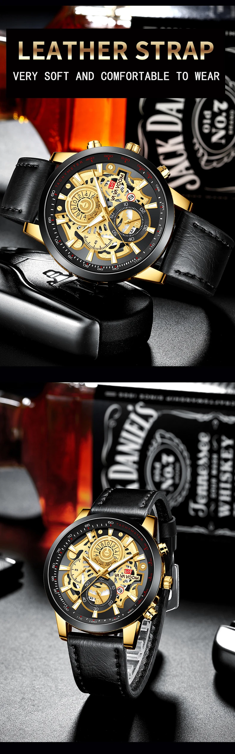 Brand Men Leather Watch Fashion Industrial Gear Clock 45mm Gold Quartz Movement Waterproof Man Military Sports Watch_voghion.com