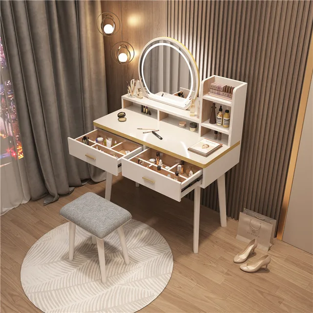 Ensemble de commode de luxe nordique moderne pour chambre à coucher avec tiroir à miroir en bois massif, petit appartement, Design de meubles de maquillage blancs 1