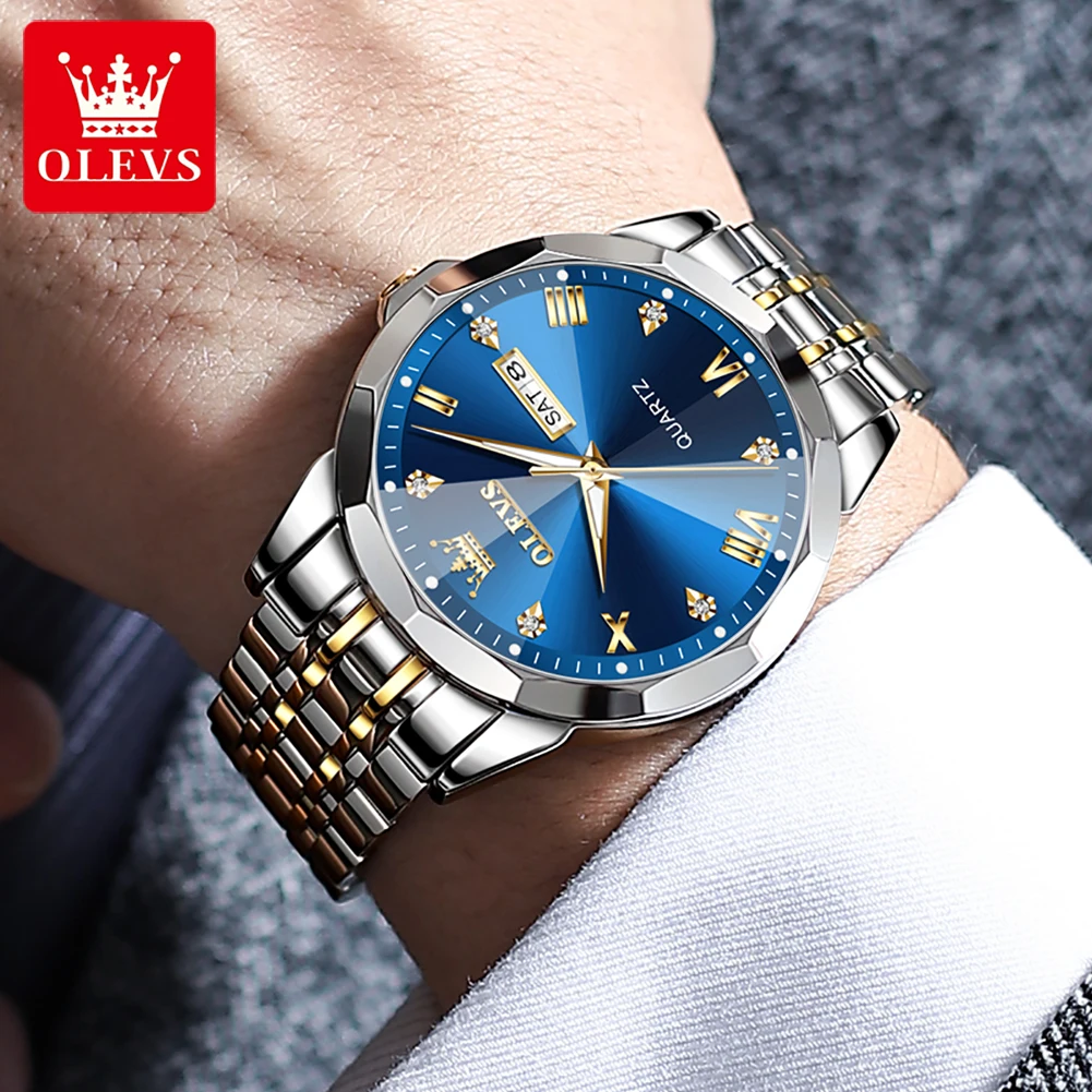 OLEVS 9931 Quartz Man Watch Fashion Dual Calendar Steel Strap Business Men's Wristwatch Rhombus Mirror Waterproof Watch For Men