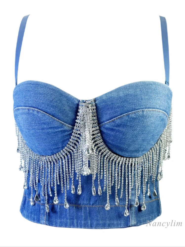 

Slim Fit Denim Corset Top Women Stitching Rhinestone Tassel Bead Fishbone Strap Nightclub Rock Wind Wrapped Chest Bra Camisole