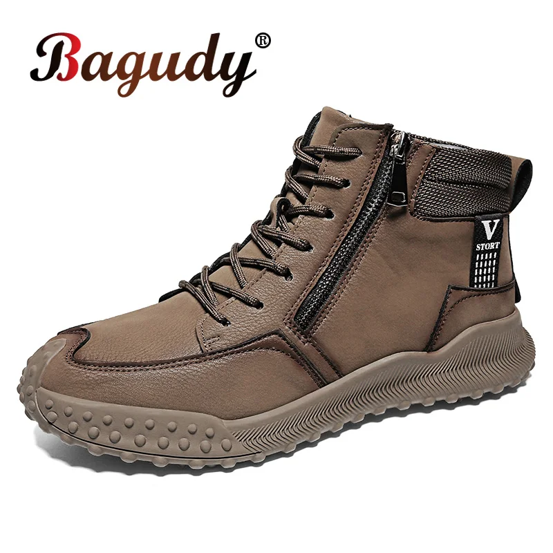 

Leather Men Ankle Boots Comfortable Platform Walking Boots Fashion Soft Leather Plush Warm Snow Boots Outdoor Men Casual Shoes