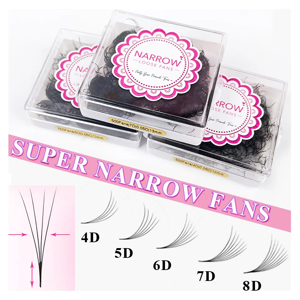 Schmale 500er Fächerwimpern 4D 5D 6D 7D 8D mit spitzer Basis, lose Fächerwimpern, vorgefertigte mittel schmale Wimpern mit schmalem Stiel, schmale Fächerwimpern für Wimpernverlängerung – Detail 1