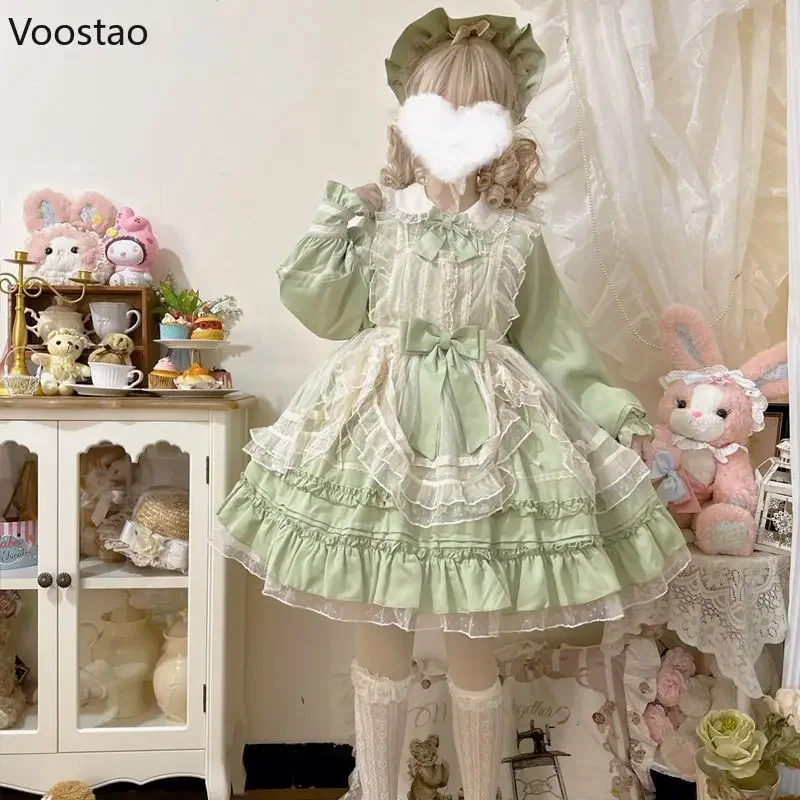 Sweet Lolita Princess OP Dress Women Vintage Elegant Lace Mesh Bow Dresses Harajuku Victorian Girly Kawaii Tea Party Dress
