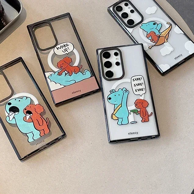 Cute Blue Brown Dog Acrylic Black Border Protective Case for Samsung Galaxy S22U S23U S24 Ultra Shell with MagSafe