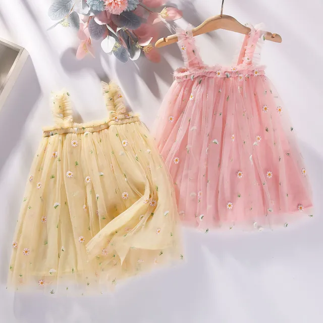 1-6Y Toddler Dress Kids Girls Party 2024 Summer Sleeveless Daisy Floral Tutu Dress Layered Tulle Dress Princess Birthday Dresses 2