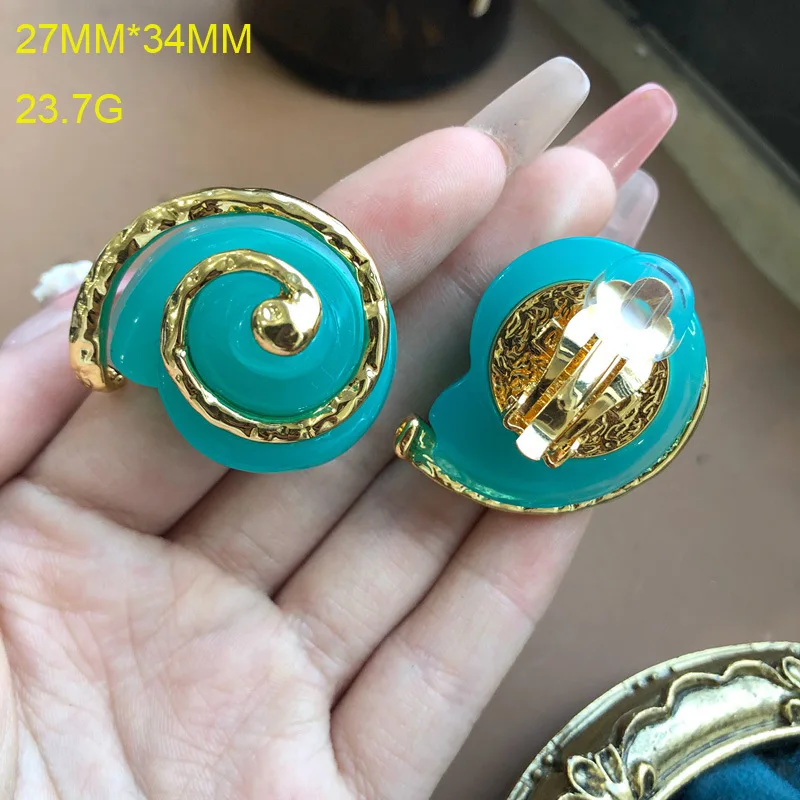 French Vintage Qing New Ocean Blue Series Conch Gold Plated Ear Studs and Ear Clips