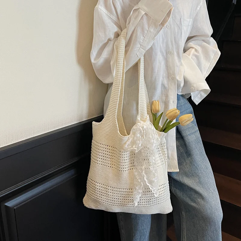 With Lace Ribbon Solid Color Woven Bag Hollow Out Tote Beach Bag Large Capacity Bohemian Style Women Hollow Shoulder Bag