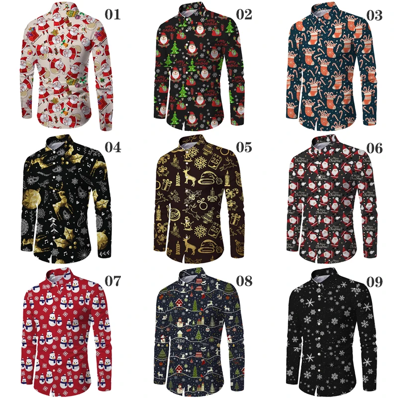 Men Christmas Shirts Xmas 3D Printed Long Sleeve Blouse Holiday Party Tops Slim Fit Tee Shirt For Men Harajuku Lapel Shirts