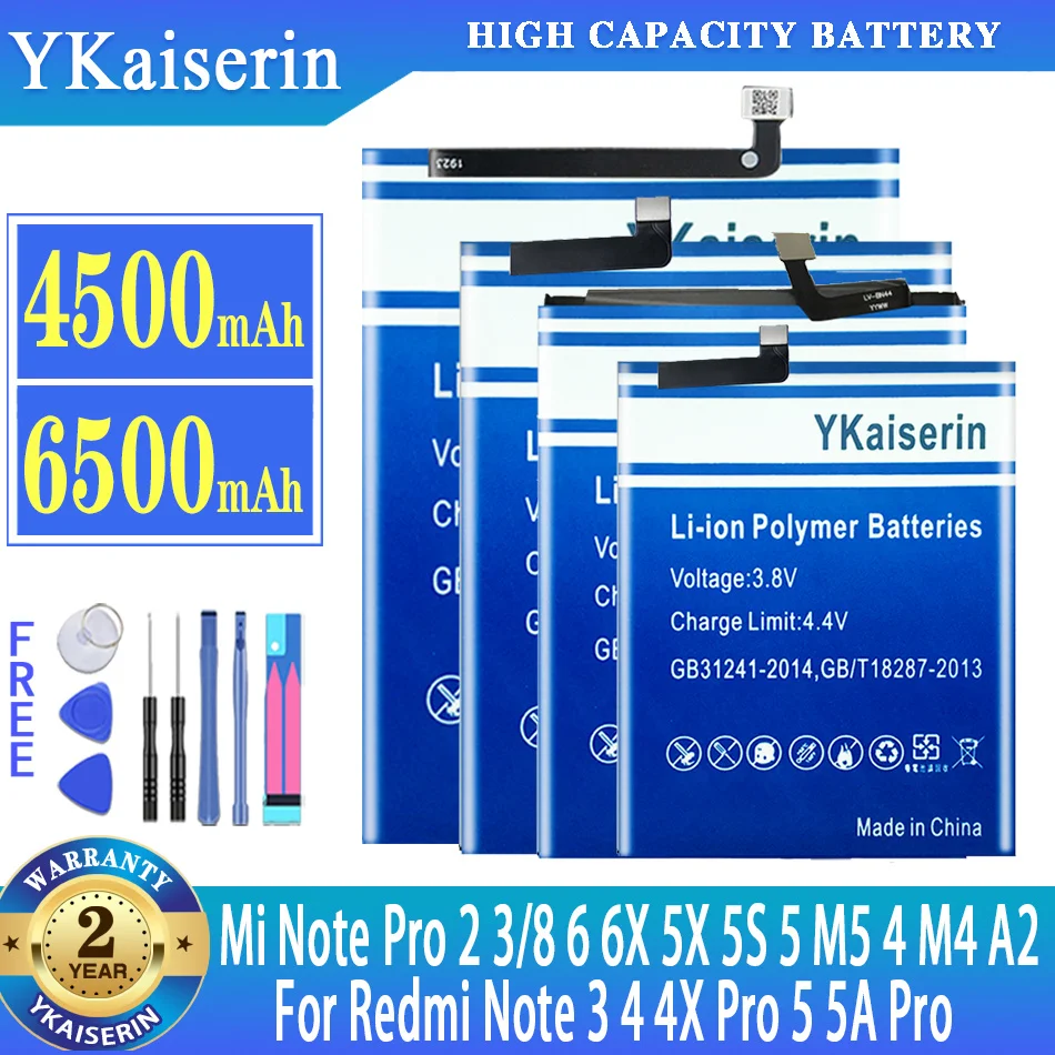 

YKaiserin Battery For Xiaomi Mi Note Pro 2 3 8 6 6X 5X 5S 5 M5 4 M4 A2 For Redmi Note 3 4 4X Pro 5 5A Pro For Xiaomi 8 Note2