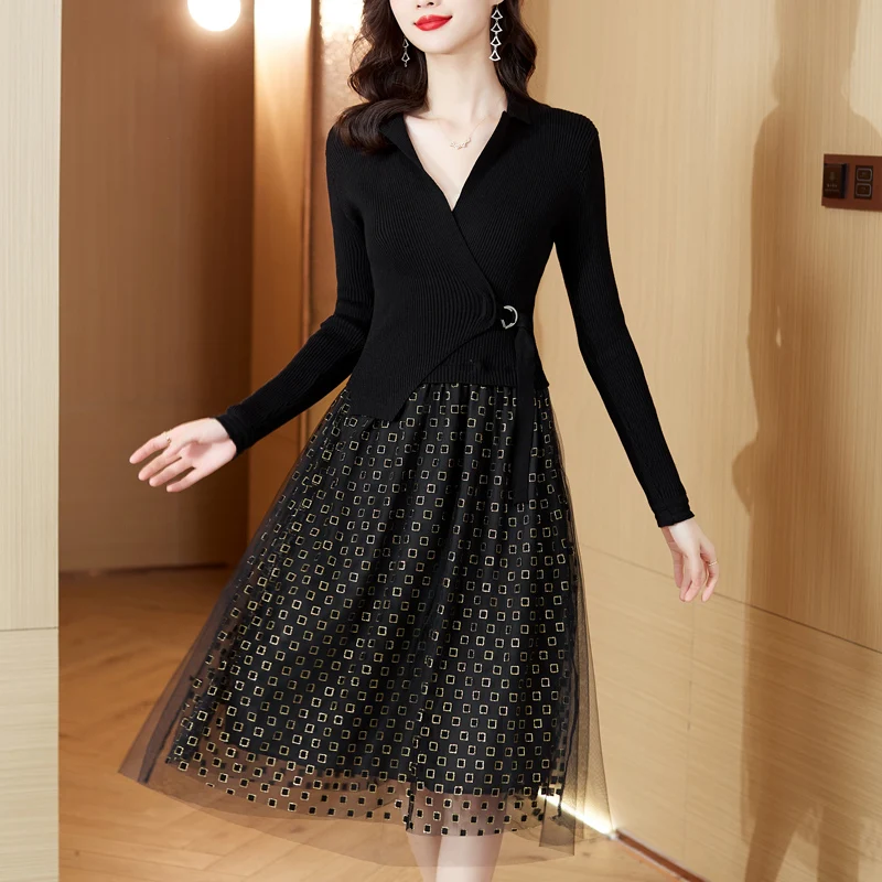 

2023 New Vintage Knitted Dress Women's Autumn and Winter Versatile French V-neck Loose Fit Casual Vacation Party Vestidos