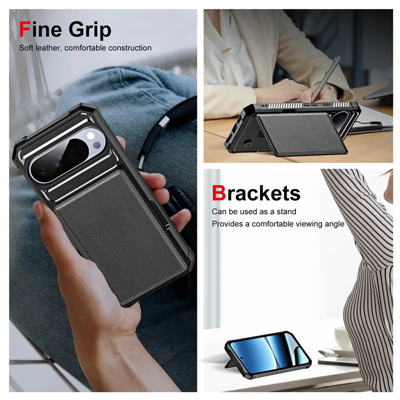 Heavy Duty Armor Leather Card Holder Wallet Case with Magnetic Wireless Charging Compatibility